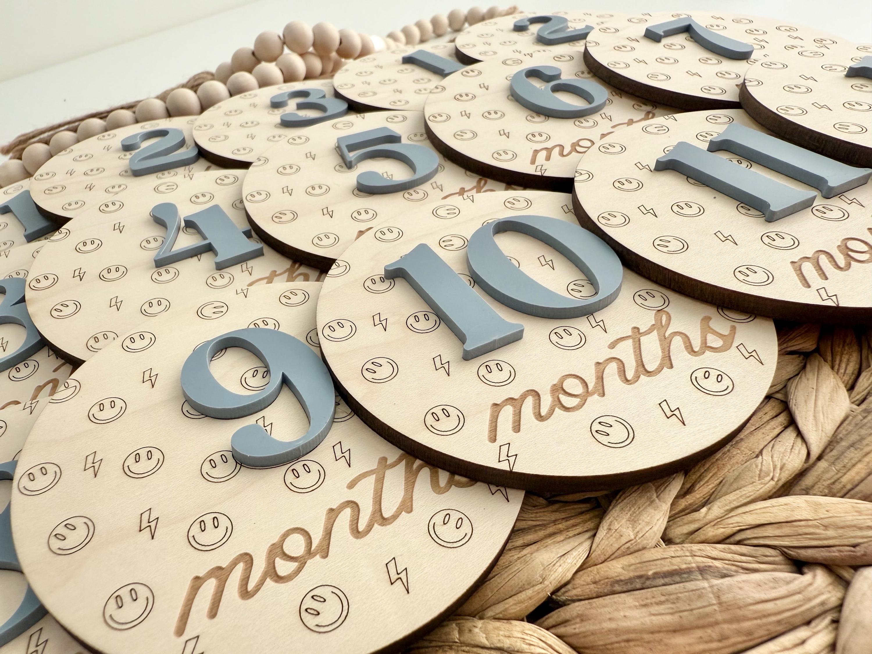 Boy Monthly Milestone Discs For Baby Photos Gender Neutral Engraved Boy Monthly Milestone Discs For Baby Photos Gender Neutral Engraved