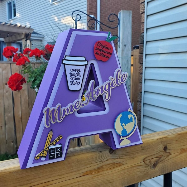 3D Initial Letter, Appreciation Teacher Gift, Personalized Gift, End of Year Teacher Gift, French gift, Classroom Decoration, Mrs., Ms., Mme