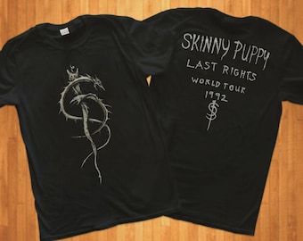 May include: Black t-shirt with a graphic of a snake on the front and the text "Skinny Puppy Last Rights World Tour 1992" on the back.