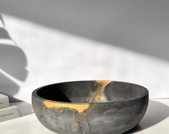 Handcrafted Concrete Bowl: Gold Streak Centerpiece, Key Trinket Catchall