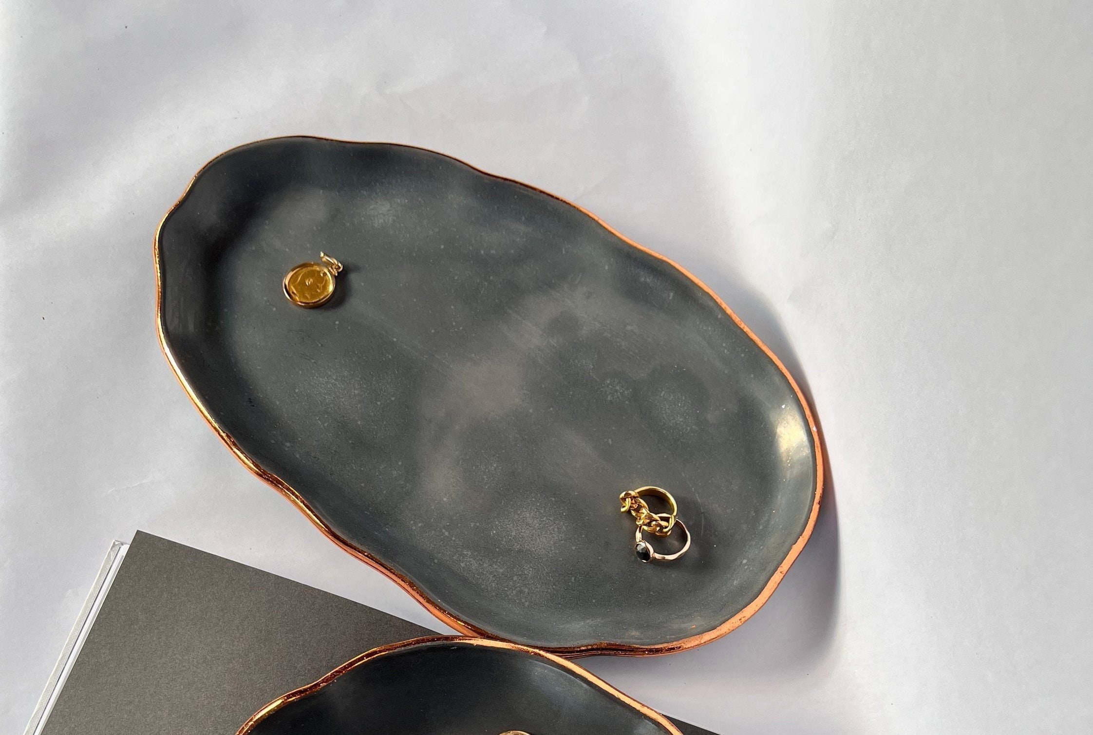 Oval Concrete Tray with Gold Leaf Trim: Decorative Coffee Table Tray
