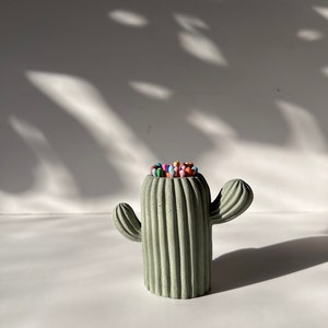 May include: A green concrete cactus shaped matchstick holder with colourful matchsticks inside.