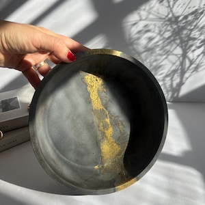 Handcrafted Concrete Bowl: Gold Streak Centerpiece, Key Trinket Catchall