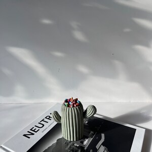 May include: A green concrete cactus shaped matchstick holder with colourful matchsticks inside. The holder is sitting on top of a black and white photography book titled "NEUTRALS" by Barbara Lamprecht.