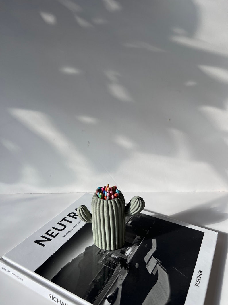 May include: A green concrete cactus shaped matchstick holder with colourful matchsticks inside. The holder is sitting on top of a black and white photography book titled "NEUTRALS" by Barbara Lamprecht.