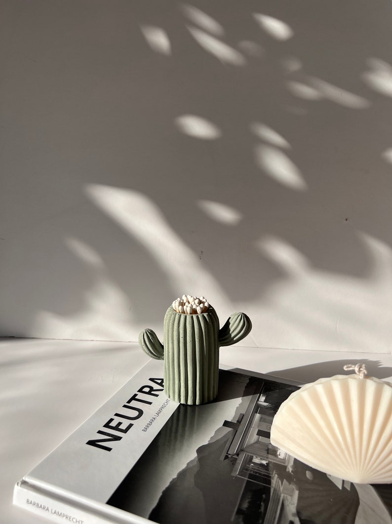 May include: A green ceramic cactus shaped matchstick holder with white cotton buds inside. The holder is sitting on a book titled "NEUTRA" by Barbara Lamprecht. A white shell shaped candle is in the background.
