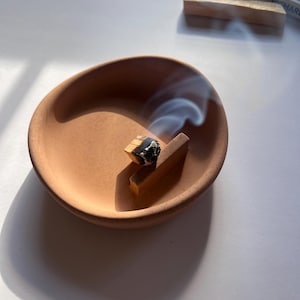Pode incluir: Uma tigela rasa cor de terracota com um incenso a queimar e um pedaço de madeira de palo santo. Volutas de fumo elevam-se do incenso. Varetas de palo santo adicionais e um livro estão no fundo. A tigela está numa superfície branca.