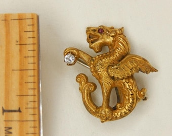 Griffin dragon art nouveau victorian brooch pin with certified diamond