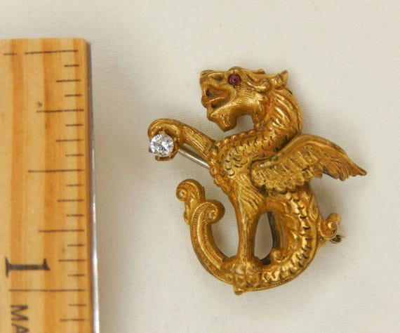 Griffin dragon art nouveau victorian brooch pin with certified diamond