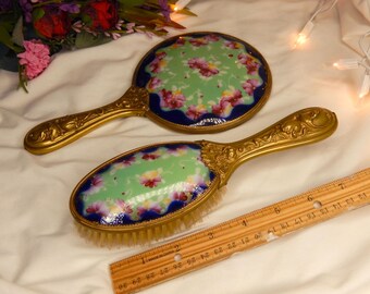 Art Nouveau hand painted hand mirror and brush set scrying magick