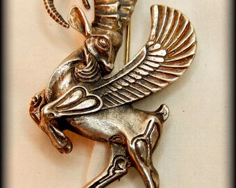 Devil Satan Satanic Flying Goat C Clasp Brooch Pin Art Deco Mesopotamian