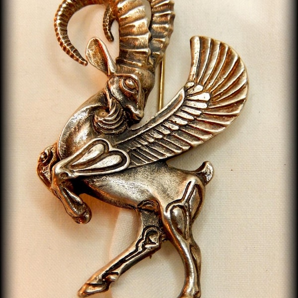 Devil Satan Satanic Flying Goat C Clasp Brooch Pin Art Deco Mesopotamian