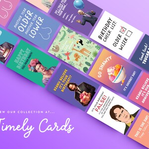 May include: A collection of colourful greeting cards with humorous text and illustrations. The cards feature characters from popular movies and TV shows, such as Keanu Reeves, Frida Kahlo, and Dwight Schrute. The cards are ideal for birthdays, anniversaries, and other special occasions.
