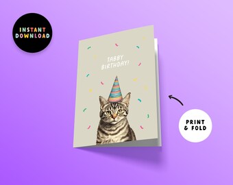 Descarga instantánea Tarjeta de cumpleaños Tabby / PDF Tarjeta de feliz cumpleaños / Imprimir en casa / Divertido juego de palabras de cumpleaños del gato Tabby / Tarjeta de último minuto