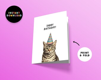 Descarga instantánea Tarjeta de cumpleaños Tabby / PDF Tarjeta de feliz cumpleaños / Imprimir en casa / Divertido juego de palabras de cumpleaños del gato Tabby / Tarjeta de último minuto