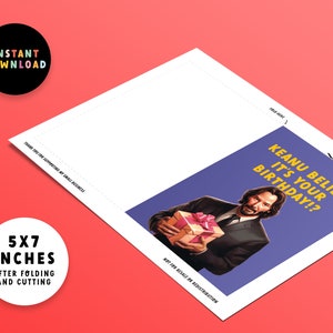 May include: A printable birthday card featuring a photo of Keanu Reeves holding a gift. The card has a purple background with yellow text that reads "Keanu Believe It's Your Birthday!?".