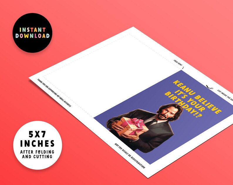 May include: A printable birthday card featuring a photo of Keanu Reeves holding a gift. The card has a purple background with yellow text that reads "Keanu Believe It's Your Birthday!?".