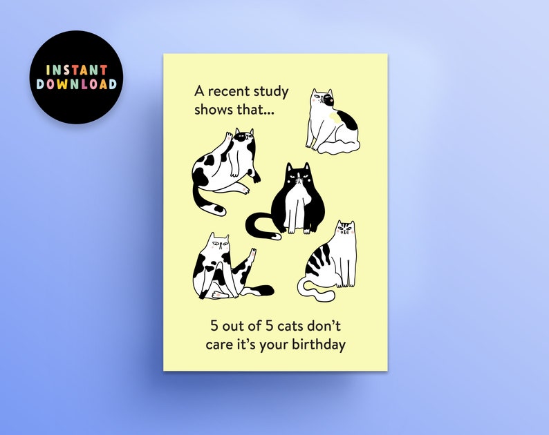 May include: A yellow card with a black and white illustration of five cats. The text reads "A recent study shows that... 5 out of 5 cats don't care it's your birthday."