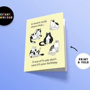 May include: A yellow card with a humorous birthday greeting featuring five black and white cats. The text reads "A recent study shows that... 5 out of 5 cats don't care it's your birthday."