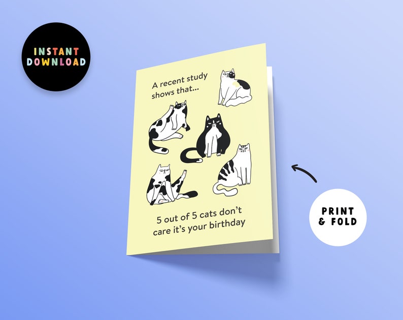 May include: A yellow card with a humorous birthday greeting featuring five black and white cats. The text reads "A recent study shows that... 5 out of 5 cats don't care it's your birthday."