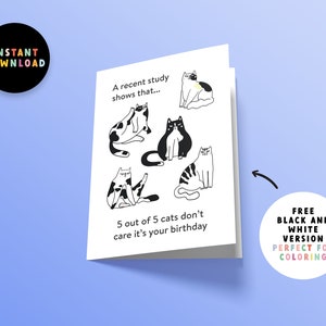 May include: A greeting card with a black and white illustration of five cats. The text on the card reads "A recent study shows that... 5 out of 5 cats don't care it's your birthday".
