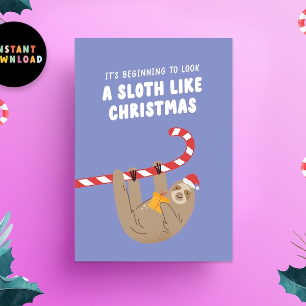 Instant Download Christmas Card | PDF Xmas Card | Print at home | Funny Sloth Xmas Card | Merry Christmas | Printable | Last minute Card