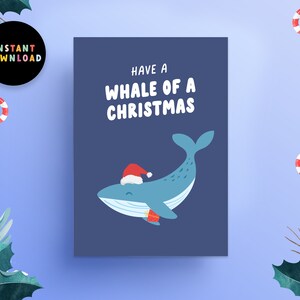 Cartolina di Natale con download istantaneo / Cartolina di Natale in PDF / Stampa a casa / Cartolina di Natale con balena divertente / Buon Natale / Stampabile / Cartolina dell'ultimo minuto