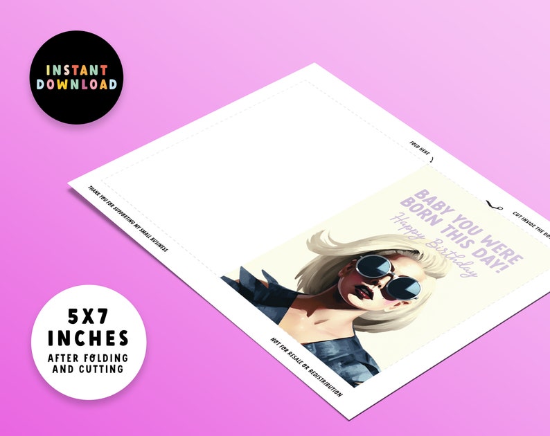May include: Printable card with a photo of a woman wearing sunglasses and a denim jacket. The text on the card reads "Baby you were born this day! Happy Birthday".