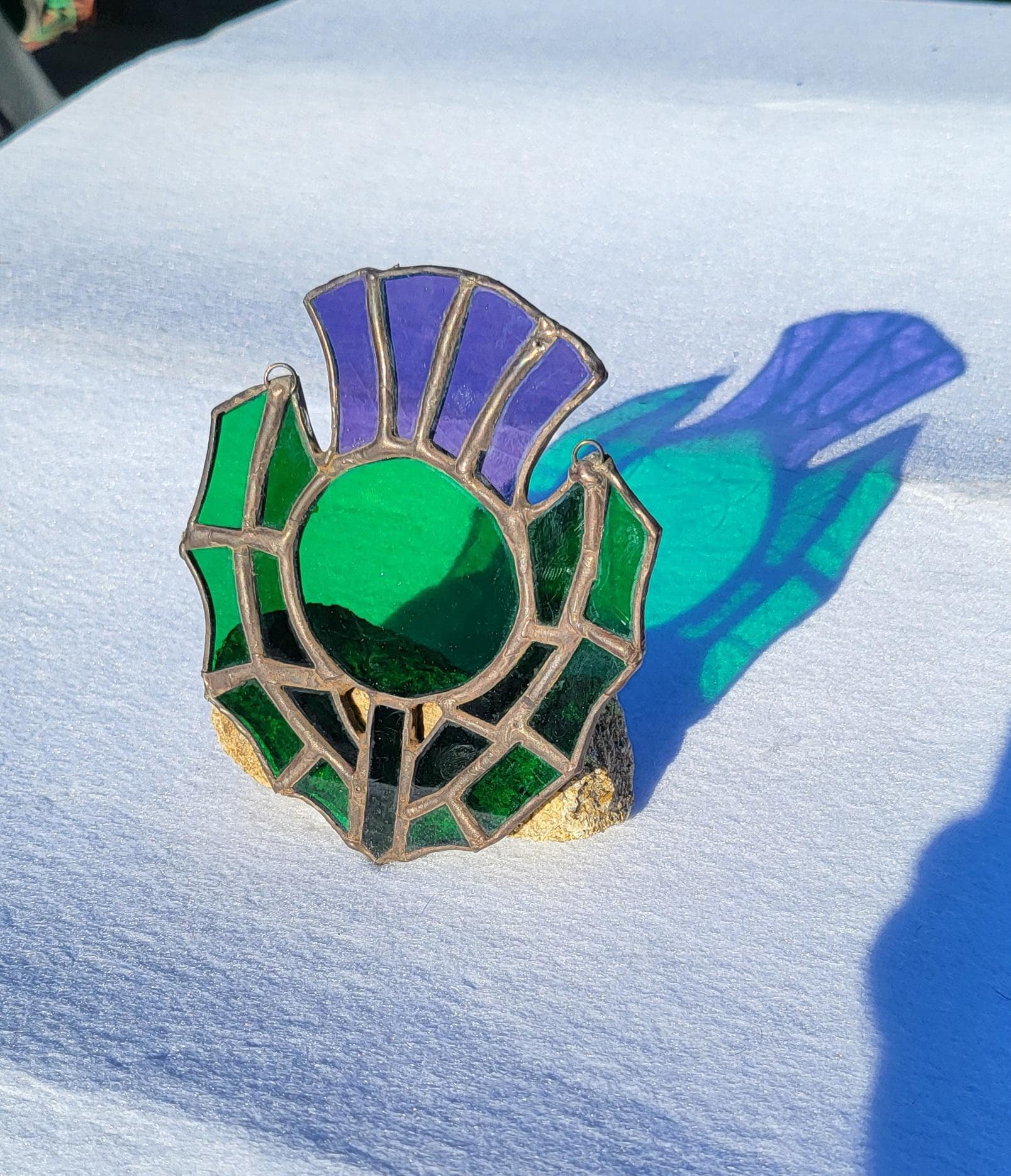 Green and Purple Thistle Suncatcher - Handmade Stained Glass Art