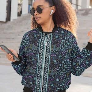 Black Floral Bomber Jacket; Designer Bomber Jacket; Floral Pattern; Retro Bohemian Bomber Jacket;Vintage Style Gift for Him/ Her