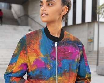 Designer Bomber Jacket; Abstract Canvas Painting Streetwear; Vintage Style Printed Artwear; Plus Size Wearable Art