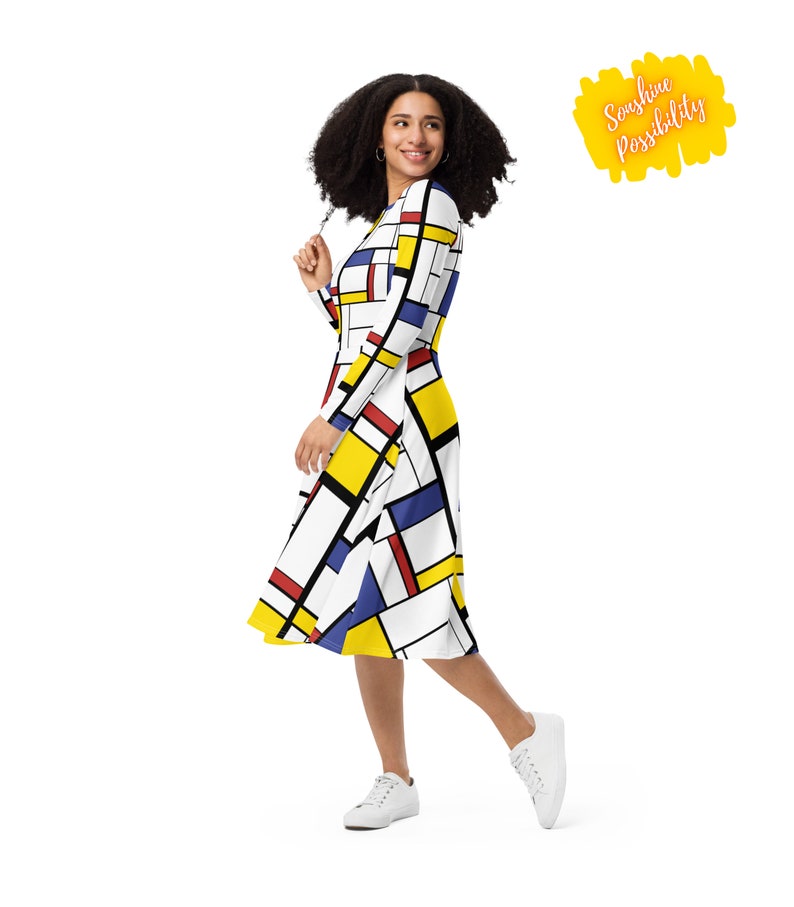 Mondrian Art Printed Fashion Kleid Volle Ärmel Petite Plus Size 60er 80er Jahre Vintage Style Color Block Skater Kleid Größen 2XS XS S M L XL-6X Bild 7