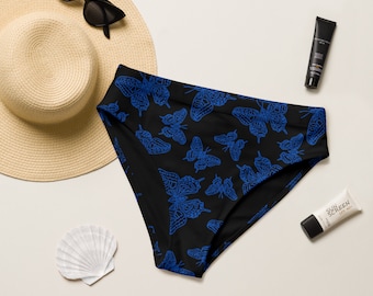 Black Blue High-Waisted Bikini Bottom; Boho Butterfly Bikini; Recycled padded bikini bottom