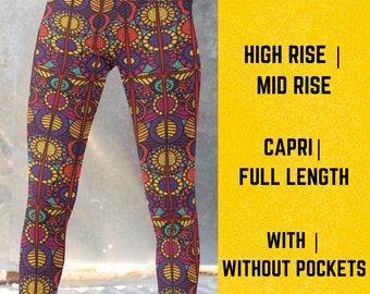 Abstract African Wear Boho Leggings; Hippy Gift; High Rise Mid Rise Capri Full Length Variants