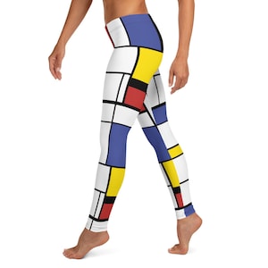 Leggings de moda abstrata; Leggings de festival com estampa artística vintage Mondrian para mulheres; Calças de ioga com bloco colorido