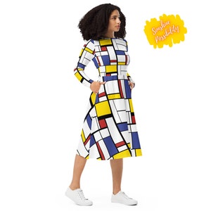 Mondrian Art Printed Fashion Kleid Volle Ärmel Petite Plus Size 60er 80er Jahre Vintage Style Color Block Skater Kleid Größen 2XS XS S M L XL-6X Bild 3