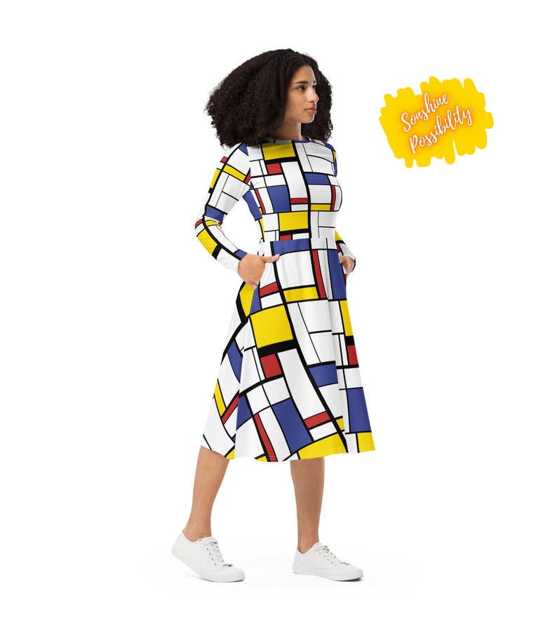 Mondrian Art Printed Fashion Kleid Volle Ärmel Petite Plus Size 60er 80er Jahre Vintage Style Color Block Skater Kleid Größen 2XS XS S M L XL-6X Bild 3