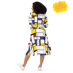 Mondrian Art Printed Fashion Kleid Volle Ärmel Petite Plus Size 60er 80er Jahre Vintage Style Color Block Skater Kleid Größen 2XS XS S M L XL-6X Bild 4