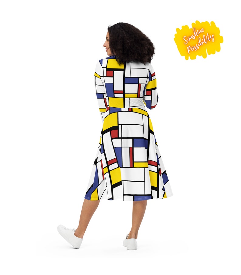 Mondrian Art Printed Fashion Kleid Volle Ärmel Petite Plus Size 60er 80er Jahre Vintage Style Color Block Skater Kleid Größen 2XS XS S M L XL-6X Bild 4