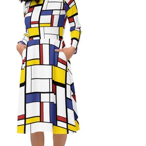 Mondrian Art Printed Fashion dress; Full Sleeve Petite Plus Size 60s 80s Vintage Style Color Block Skater Dress; Sizes 2XS XS S M L XL-6X