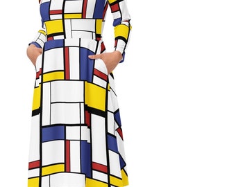 Mondrian Art Printed Fashion dress; Full Sleeve Petite Plus Size 60s 80s Vintage Style Color Block Skater Dress; Sizes 2XS XS S M L XL-6X