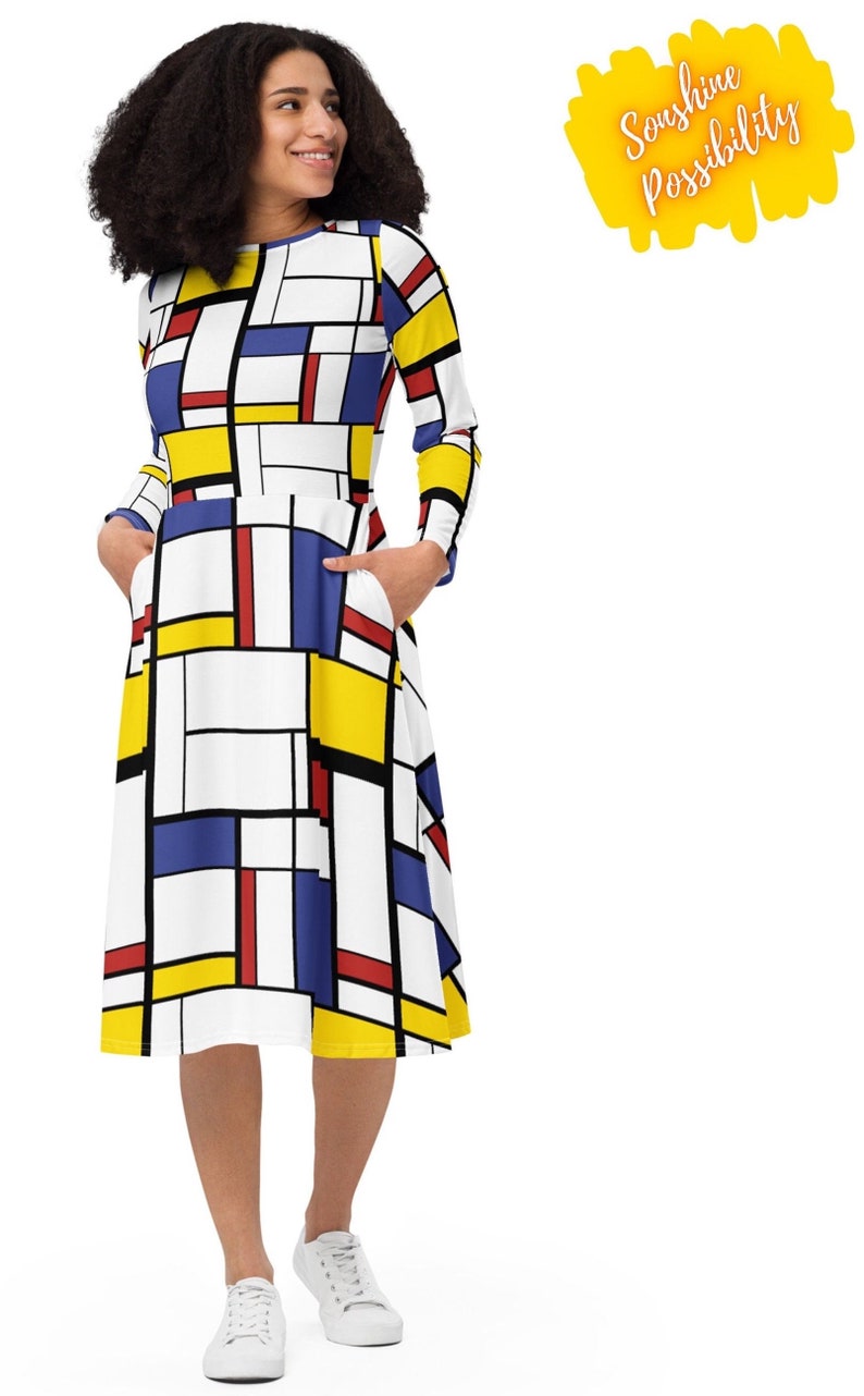 Mondrian Art Printed Fashion Kleid Volle Ärmel Petite Plus Size 60er 80er Jahre Vintage Style Color Block Skater Kleid Größen 2XS XS S M L XL-6X Bild 1