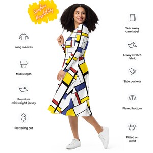 Mondrian Art Printed Fashion Kleid Volle Ärmel Petite Plus Size 60er 80er Jahre Vintage Style Color Block Skater Kleid Größen 2XS XS S M L XL-6X Bild 2