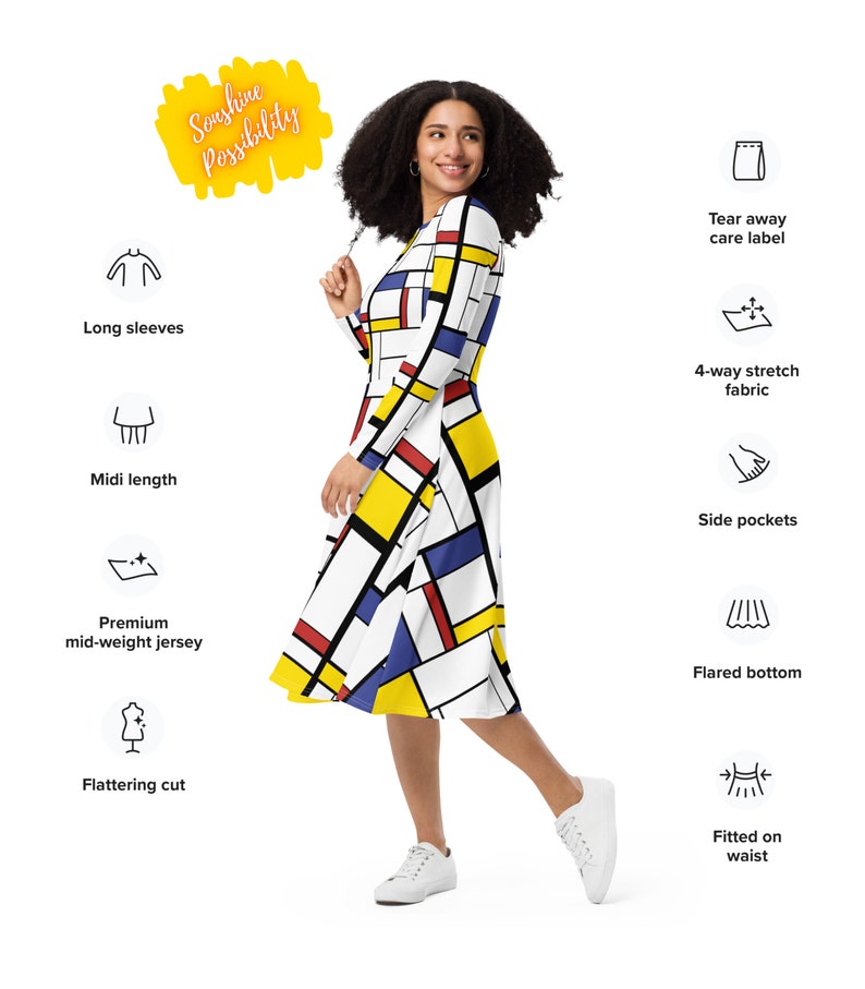 Mondrian Art Printed Fashion Kleid Volle Ärmel Petite Plus Size 60er 80er Jahre Vintage Style Color Block Skater Kleid Größen 2XS XS S M L XL-6X Bild 2