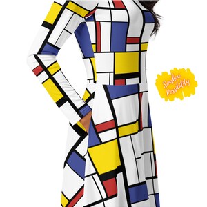 Mondrian Art Printed Fashion Kleid Volle Ärmel Petite Plus Size 60er 80er Jahre Vintage Style Color Block Skater Kleid Größen 2XS XS S M L XL-6X Bild 5