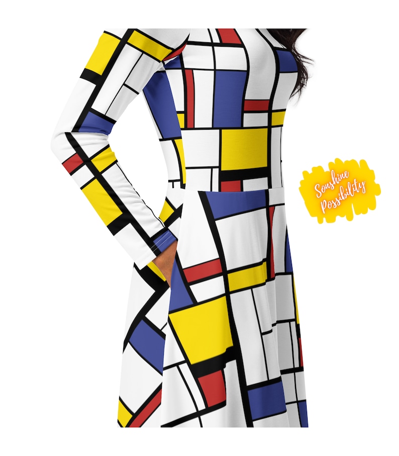 Mondrian Art Printed Fashion Kleid Volle Ärmel Petite Plus Size 60er 80er Jahre Vintage Style Color Block Skater Kleid Größen 2XS XS S M L XL-6X Bild 5