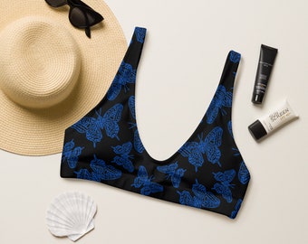 Schwarzblaues Bikinioberteil mit hoher Taille; Boho Schmetterling Bikini; Recyceltes, gefüttertes Bikini-Oberteil