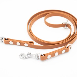 May include: A brown leather dog leash with two silver clips and silver accents. The leash is coiled up on a white background.