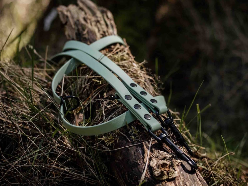 May include: A light green camera strap with black metal hardware and black button accents. The strap is lying on a log in a forest setting.
