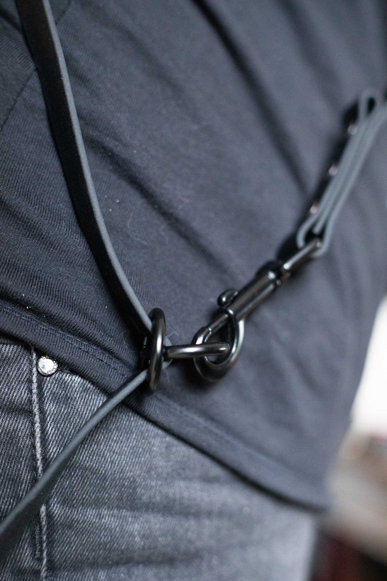 May include: A black leather strap with a black metal clasp. The strap is worn over a person's shoulder and across their chest.